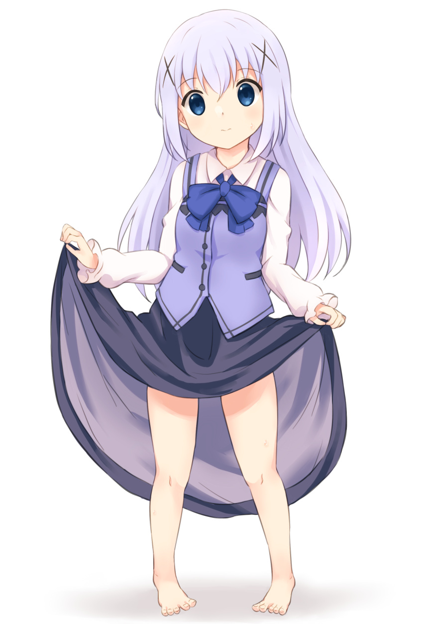 1girl 3: absurdres bare_legs barefoot black_skirt blue_bow blue_bowtie blue_eyes blue_hair blue_vest bow bowtie breasts buttons closed_mouth commentary_request dress_shirt full_body gochuumon_wa_usagi_desu_ka? hair_between_eyes hair_ornament hairclip highres kafuu_chino light_blue_hair long_hair long_sleeves looking_at_viewer rabbit_house_uniform shadow shirt sidelocks simple_background skirt skirt_hold small_breasts solo standing sweatdrop toes vest white_background white_shirt x_hair_ornament yaplus