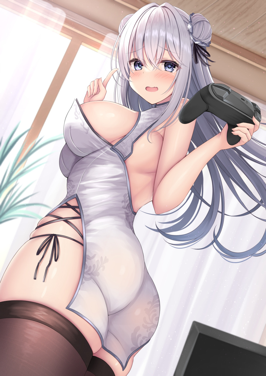 1girl absurdres ass black_panties black_thighhighs blue_eyes blush breasts ceiling china_dress chinese_clothes commentary_request controller curvy double_bun dress game_controller grey_dress grey_hair hair_between_eyes hair_bun hair_ribbon hanonokusa highres holding holding_controller holding_game_controller index_finger_raised indoors large_breasts long_hair open_mouth original panties ribbon side-tie_panties sideboob solo television thick_thighs thighhighs thighs tight_clothes tight_dress twisted_torso underwear window