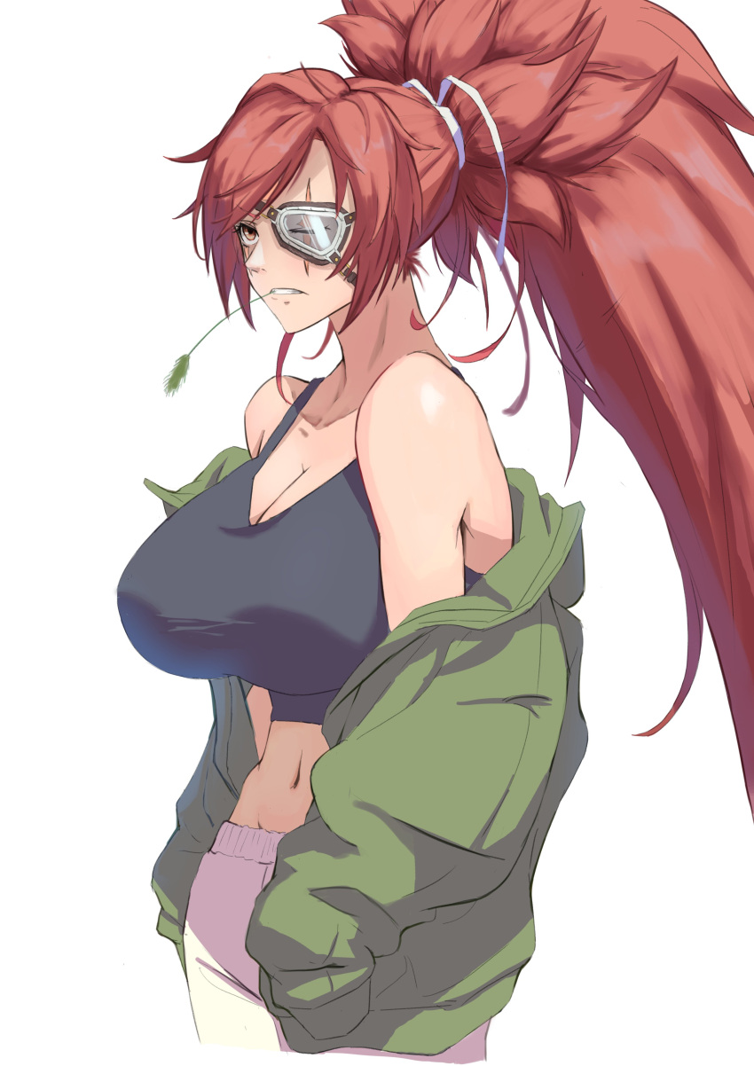 absurdres alternate_costume awesome_crane baiken big_hair breasts eyepatch facial_tattoo green_jacket guilty_gear guilty_gear_strive highres jacket large_breasts long_sleeves looking_to_the_side navel off_shoulder ponytail red_eyes red_hair scar scar_across_eye sleeves_past_wrists tattoo