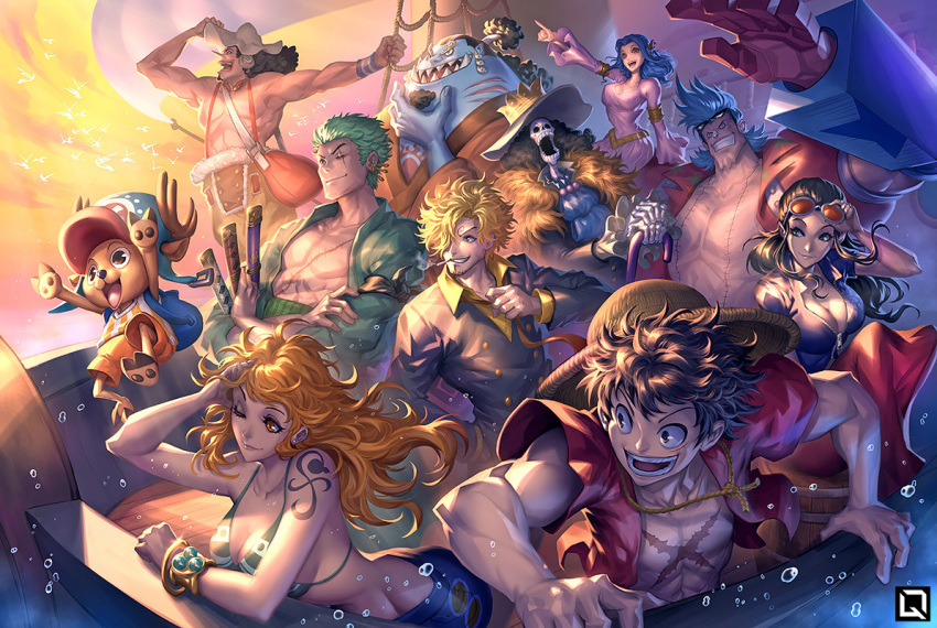 artist_logo bag black_hair blonde_hair blue_hair bra breasts brook_(one_piece) brown_eyes cigarette cleavage dress eyewear_on_head formal franky_(one_piece) green_bra green_hair hand_on_own_chin hat holding holding_sword holding_weapon jinbe_(one_piece) jumping katana log_pose long_hair medium_hair monkey_d._luffy nami_(one_piece) necktie nefertari_vivi nico_robin one_eye_closed one_piece open_clothes open_mouth open_shirt orange_hair outdoors pink_dress pointing quirkilicious red_shirt reindeer roronoa_zoro sanji_(one_piece) scar scar_across_eye scar_on_face sharp_teeth shirt short_hair short_sleeves shoulder_bag shoulder_tattoo skeleton suit sunglasses sword tattoo teeth tony_tony_chopper topless_male underwear usopp watermark weapon yellow_shirt