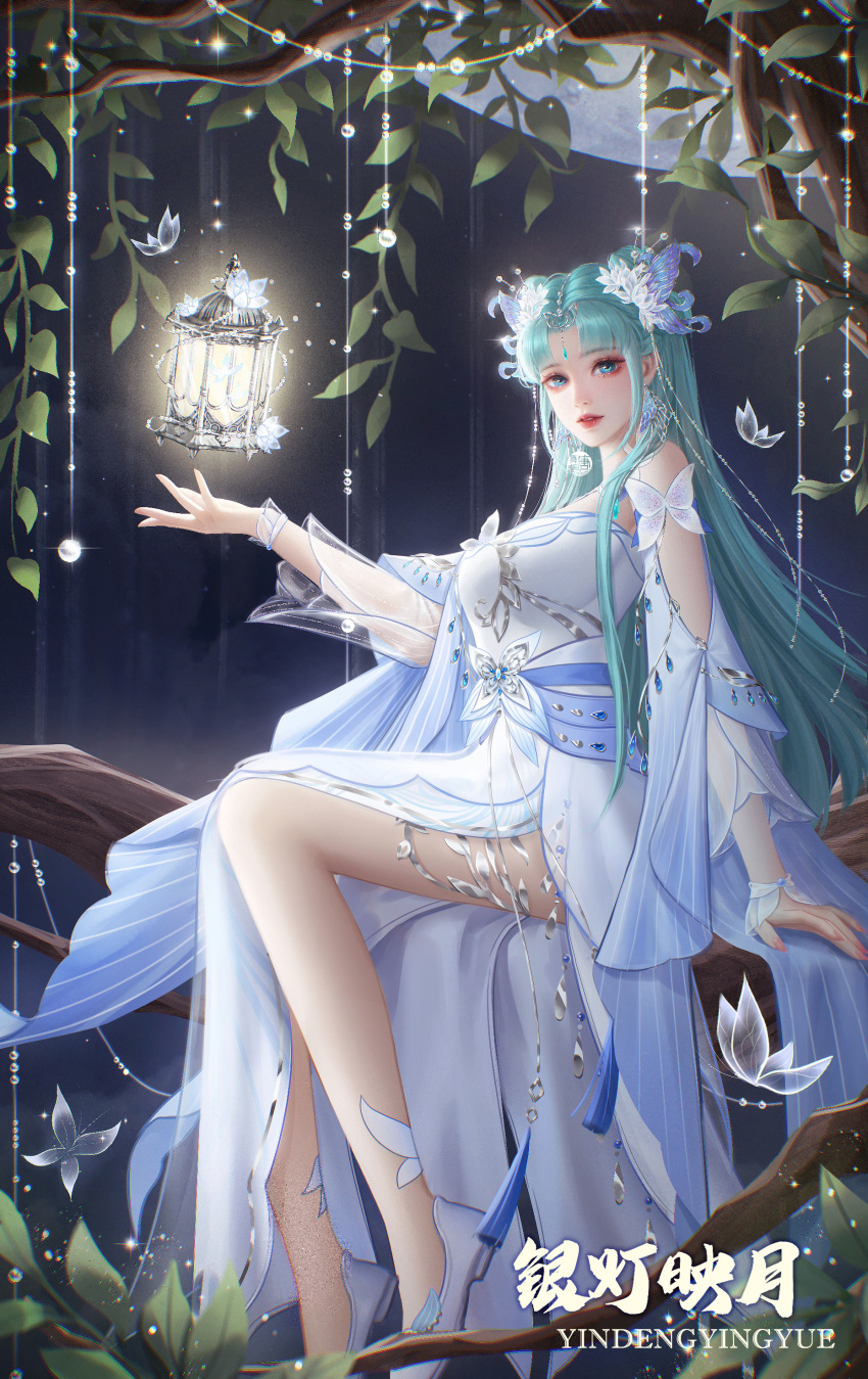 1girl absurdres artist_request birdcage blue_eyes blue_hair butterfly_hair_ornament cage detached_sleeves double_bun douluo_dalu dress floating floating_object full_body hair_bun hair_ornament highres long_hair looking_at_viewer moon night parted_lips second-party_source sitting solo tang_wutong_(douluo_dalu) white_dress white_footwear