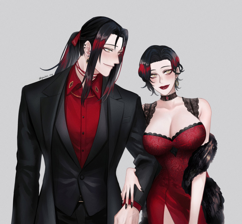 1boy 1girl black_choker black_hair black_nails black_suit black_vest breasts choker cleavage commentary dress dual_persona ear_piercing english_commentary fingernails fur_scarf genderswap genderswap_(mtf) highres large_breasts lipstick long_hair makeup nijisanji nijisanji_en piercing ponytail red_dress red_hair red_lips sharp_fingernails short_hair sidelocks suit twitter_username vest virtual_youtuber vox_akuma voxanne yui930