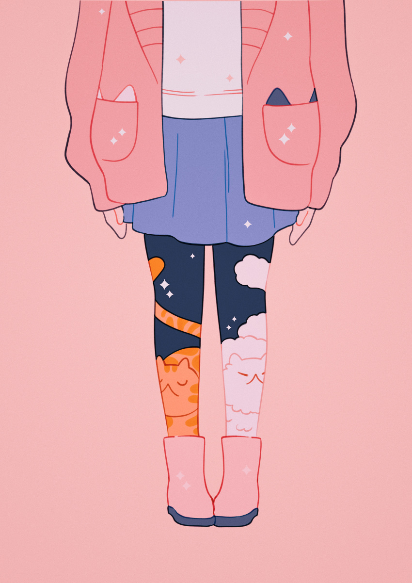 1girl absurdres animal_print blue_skirt boots cat cat_print highres long_sleeves lower_body meyoco orange_cat original pantyhose pink_background pink_footwear pleated_skirt pocket rubber_boots shirt simple_background skirt solo sparkle white_cat white_shirt