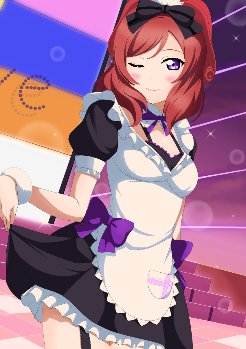 1girl absurdres alternate_costume apron black_bow blush bow closed_mouth commentary_request dress enmaided hair_bow highres looking_at_viewer love_live! love_live!_school_idol_project maid maid_apron medium_hair mogyutto_"love"_de_sekkin_chuu! nishikino_maki one_eye_closed puffy_short_sleeves puffy_sleeves purple_eyes red_hair short_dress short_sleeves skirt_hold smile solo zanpon