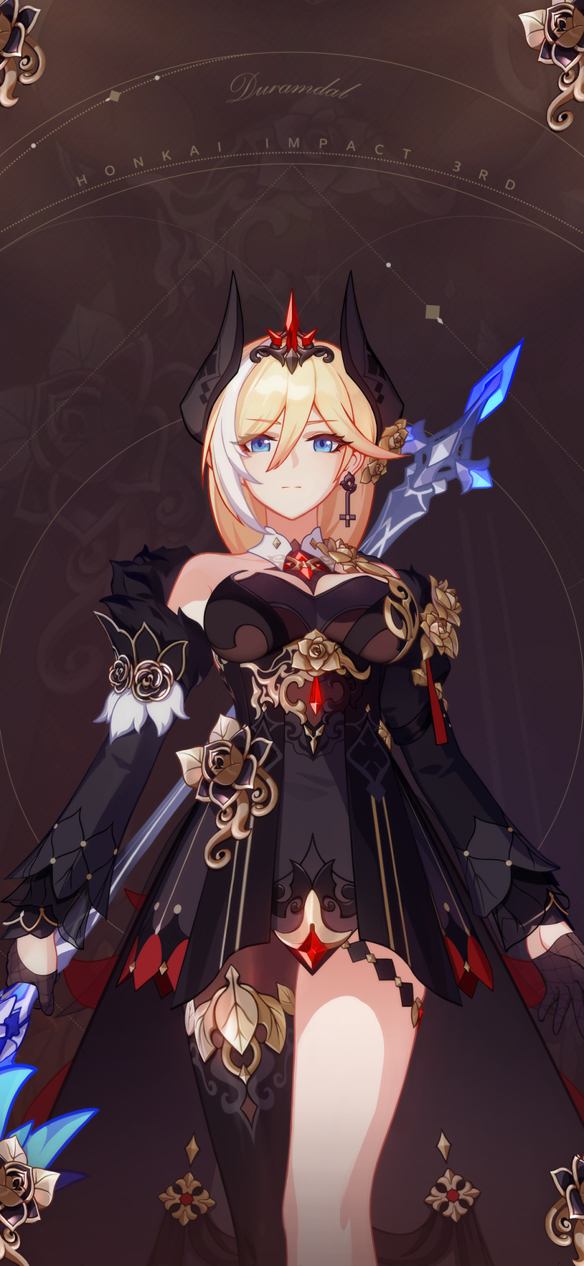 1girl bianka_durandal_ataegina bianka_durandal_ataegina_(palatinus_equinox) blonde_hair blue_eyes breasts brown_background character_name closed_mouth earrings english_text gloves highres holding holding_polearm holding_weapon honkai_(series) honkai_impact_3rd horns jewelry lance large_breasts leggings long_sleeves looking_at_viewer multicolored_hair official_alternate_costume official_art official_wallpaper polearm single_bare_leg single_bare_shoulder solo standing streaked_hair weapon