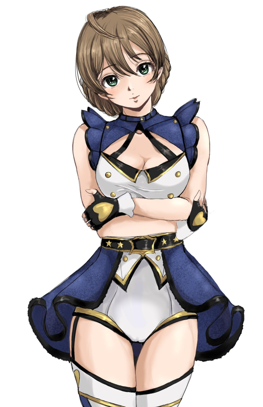 1girl ahoge arms_under_breasts bare_shoulders belt black_belt black_gloves blue_skirt blush braid breasts brown_hair cleavage cleavage_cutout clothing_cutout collarbone cowboy_shot crop_top cropped_shirt fingerless_gloves gatsby_ssl gloves gold_trim green_eyes hair_between_eyes highres idolmaster idolmaster_million_live! idolmaster_million_live!_theater_days large_breasts light_brown_hair looking_at_viewer midriff open_mouth overskirt sakuramori_kaori shirt short_hair shorts simple_background skirt sleeveless sleeveless_shirt smile solo standing thighhighs top!_clover_(idolmaster) two-tone_shirt white_background white_shorts white_thighhighs