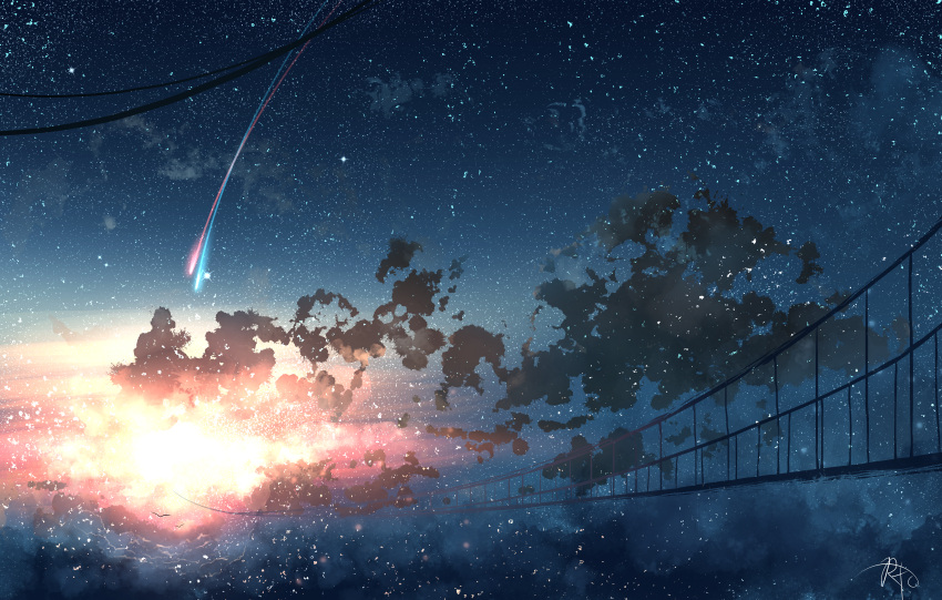 absurdres bridge chinese_commentary cloud comet commentary_request highres night night_sky no_humans original outdoors rune_xiao scenery signature sky star_(sky) starry_sky still_life sunset