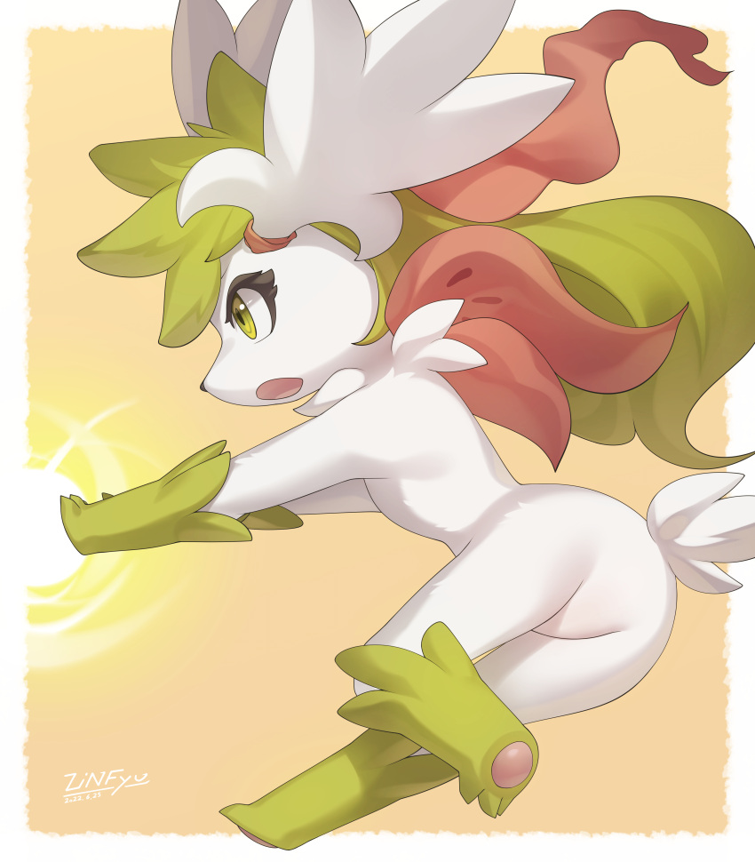 2022 3_fingers 3_toes absurd_res alternate_version_at_source ambiguous_gender butt dated digital_media_(artwork) feet feral fingers fur generation_4_pokemon hair hi_res legendary_pokemon nintendo nude open_mouth pawpads paws pokemon pokemon_(species) shaymin signature sky_forme_shaymin solo toes tongue zinfyu