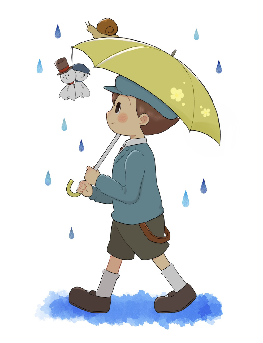 1boy black_eyes blue_headwear blue_sweater blush brown_footwear brown_hair cabbie_hat closed_mouth collared_shirt commentary_request from_side full_body green_shorts hat hershel_layton highres holding holding_umbrella kiwami_(kiwamimuneko) long_sleeves luke_triton male_focus professor_layton profile rain shirt shoes short_hair shorts smile snail socks solo suspenders suspenders_hanging sweater teruterubouzu umbrella walking water_drop white_background white_shirt white_socks yellow_umbrella