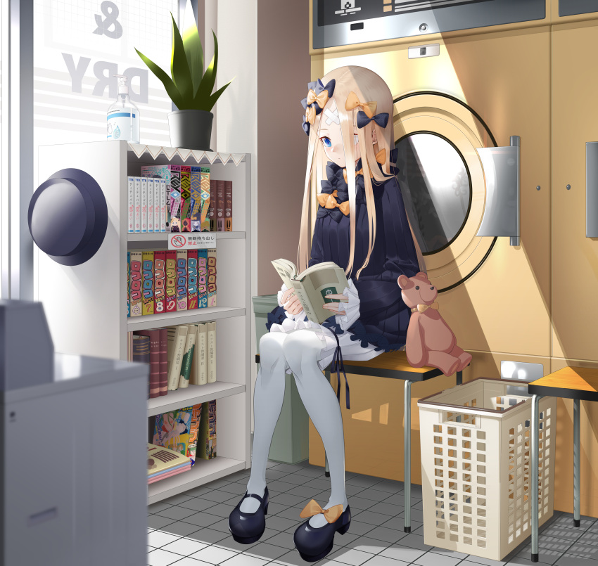 1girl abigail_williams_(fate) absurdres bandaid bandaid_on_face bandaid_on_forehead black_bow black_dress black_footwear black_headwear blonde_hair bloomers blue_eyes blush book bookshelf bow breasts crossed_bandaids dress fate/grand_order fate_(series) forehead hair_bow hat highres laundromat laundry_basket long_hair long_sleeves looking_at_viewer multiple_hair_bows open_book orange_bow pantyhose parted_bangs plant polka_dot polka_dot_bow potted_plant ribbed_dress shiro_ami sitting small_breasts smile solo stuffed_animal stuffed_toy teddy_bear underwear unworn_hat unworn_headwear washing_machine white_bloomers white_pantyhose window