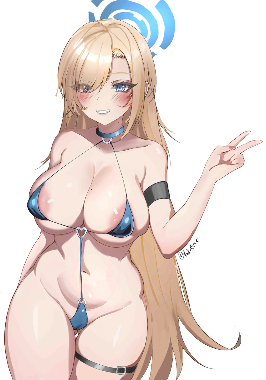 1girl absurdres areola_slip asuna_(blue_archive) bikini blonde_hair blue_archive blue_eyes blush breasts cameltoe curvy english_commentary halo highres large_breasts long_hair micro_bikini mole mole_on_breast navel simple_background smile solo swimsuit thick_thighs thigh_strap thighs v vodeferr white_background