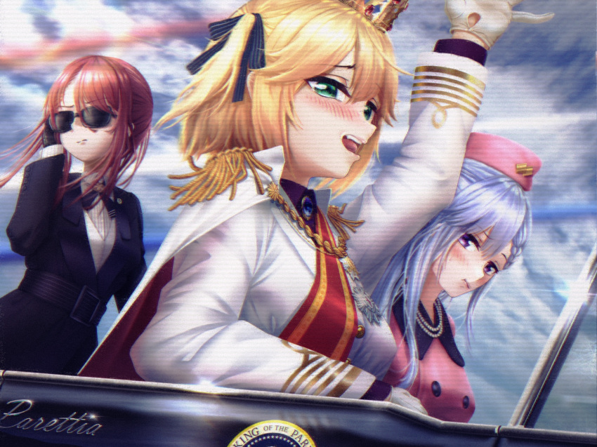 3girls aiguillette anisphia_wynn_palettia arm_up awei_chaoyong belt black_belt black_gloves black_jacket black_ribbon blonde_hair blush buttons cape car chinese_commentary chromatic_aberration close-up closed_mouth collared_shirt commentary_request crown day double-breasted dress epaulettes euphyllia_magenta gem gloves gold_trim green_eyes hair_ribbon hand_on_own_ear hat highres ilia_coral jacket jacqueline_kennedy_onassis jewelry john_f._kennedy lapels limousine long_hair long_sleeves looking_afar looking_ahead looking_at_another medal motor_vehicle multiple_girls necklace open_mouth parody pearl_necklace pendant pink_dress pink_headwear purple_eyes purple_hair purple_shirt red_hair red_sash ribbon sash scanlines serious shirt short_hair shoulder_sash sitting star_(symbol) striped striped_shirt sunglasses tearing_up teeth tensei_oujo_to_tensai_reijou_no_mahou_kakumei upper_body upper_teeth_only vertical-striped_shirt vertical_stripes vhs_artifacts waving white_cape white_gloves white_jacket white_shirt