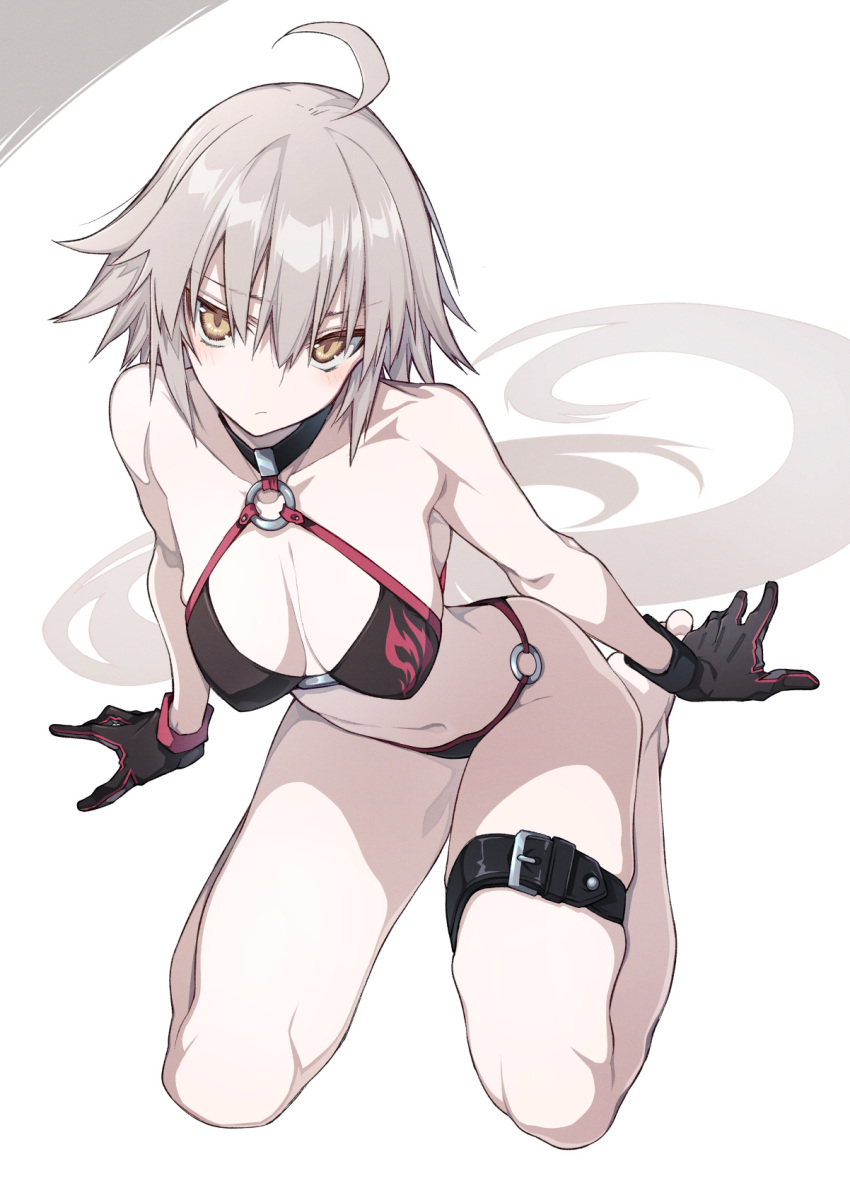 10mo 1girl ahoge bare_arms bare_legs bare_shoulders barefoot belt bikini black_belt black_bikini black_gloves blush breasts cleavage closed_mouth collarbone fate/grand_order fate_(series) foot_out_of_frame full_body gloves hair_between_eyes halterneck highres jeanne_d'arc_alter_(fate) jeanne_d'arc_alter_(swimsuit_berserker)_(fate) large_breasts leg_belt legs long_hair looking_at_viewer navel o-ring o-ring_bikini seiza sidelocks simple_background sitting solo stomach swimsuit v-shaped_eyebrows very_long_hair white_hair yellow_eyes