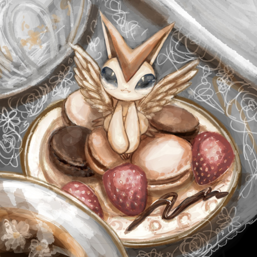 animal_focus blank_eyes blue_eyes bowl chocolate_syrup closed_mouth commentary_request fangs fangs_out feathered_wings food fruit full_body in_food looking_at_viewer macaron no_humans own_hands_together partial_commentary plate pokemon pokemon_(creature) sitting strawberry tensaitou_tou v_arms victini wings