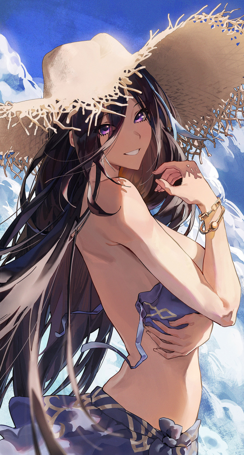 1girl absurdres bikini black_hair blue_bikini blue_hair blue_sarong blue_sky bracelet breasts clorinde_(genshin_impact) commentary convenient_arm cozyu day from_side genshin_impact grin hair_between_eyes hat highres jewelry large_breasts long_hair looking_at_viewer multicolored_hair outdoors purple_eyes sarong sky smile solo straw_hat swimsuit untied_bikini very_long_hair