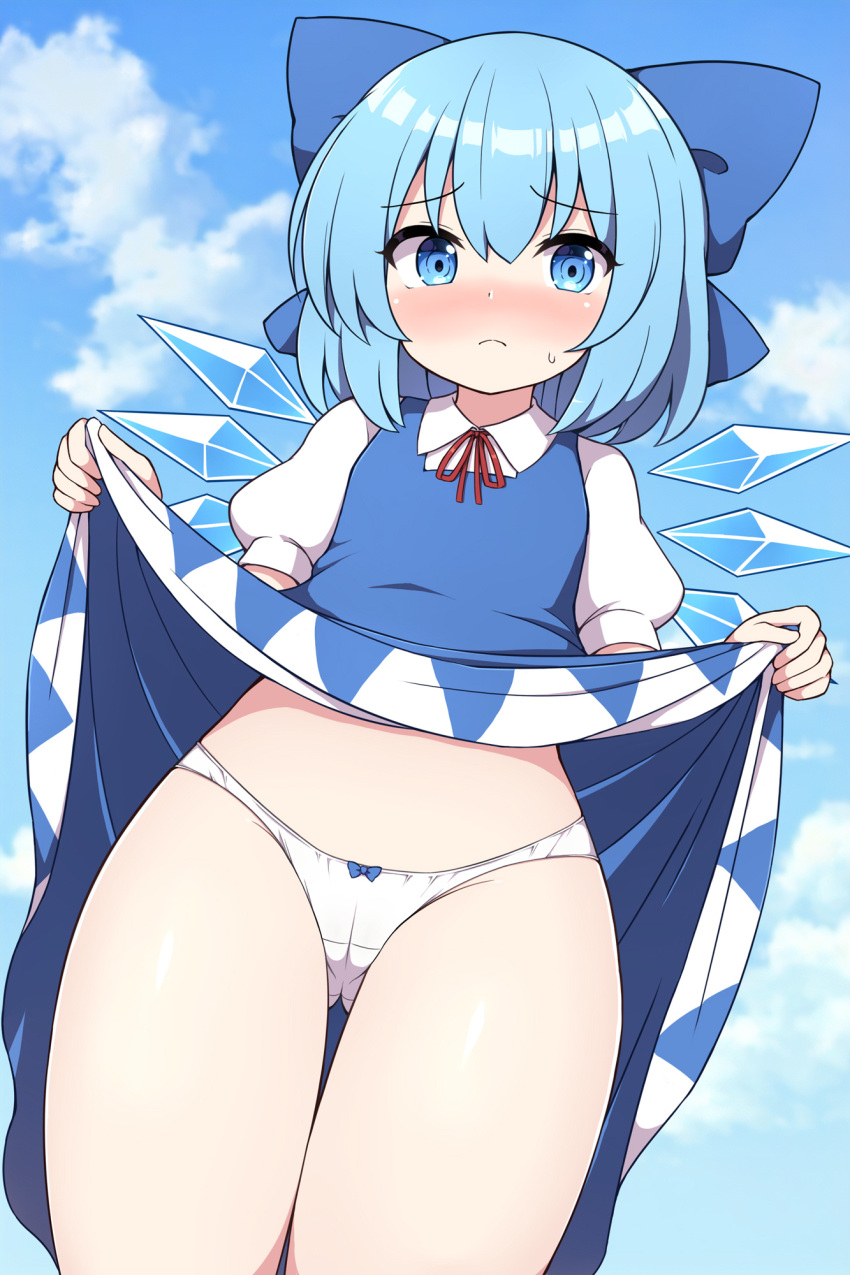 1girl blue_bow blue_dress blue_eyes blue_hair blue_sky blush bob_cut bow cameltoe cirno clothes_lift cloud dot_nose dress dress_lift embodiment_of_scarlet_devil flat_chest from_below frown furrowed_brow groin hair_bow highres ice ice_wings lifted_by_self looking_at_viewer nose_blush panties pinafore_dress puffy_sleeves red_ribbon ribbon rizento short_hair short_sleeves sky sleeveless sleeveless_dress solo sweatdrop thigh_gap thighs touhou underwear upskirt white_panties wings