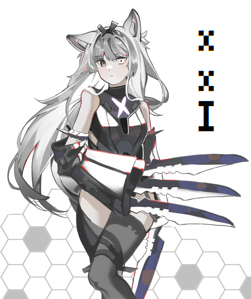 1girl absurdres animal_ears bare_shoulders black_bodysuit black_hairband black_sleeves black_thighhighs blade bodysuit character_name claw_(weapon) detached_sleeves grey_eyes grey_hair hairband heterochromia highres long_hair looking_at_viewer mismatched_pupils multicolored_hair no.21:_feral_scent_(punishing:_gray_raven) no.21_(punishing:_gray_raven) parted_lips punishing:_gray_raven red_hair red_pupils sidelocks sleeves_past_fingers sleeves_past_wrists solo streaked_hair thighhighs very_long_hair weapon white_eyes wide_sleeves wolf_ears yongsadragon