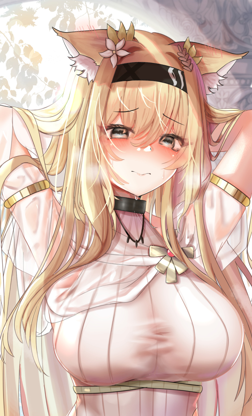 1girl alternate_breast_size animal_ear_fluff animal_ears arknights armband black_choker black_eyes black_hairband blonde_hair blush branch breasts brooch choker closed_mouth commentary_request dot_nose ear_blush fox_girl furrowed_brow hair_between_eyes hair_intakes hairband hands_in_own_hair hands_up highres horn_(arknights) horn_(to_effloresce_whitely)_(arknights) infection_monitor_(arknights) jewelry large_breasts laurels leaf long_hair looking_at_viewer necklace nervous pink_lips pinstripe_pattern pinstripe_shirt rope_around_waist see-through shirt short_sleeves solo straight_hair striped sweat taut_clothes taut_shirt upper_body wavy_mouth white_shirt yellow_armband zserty555