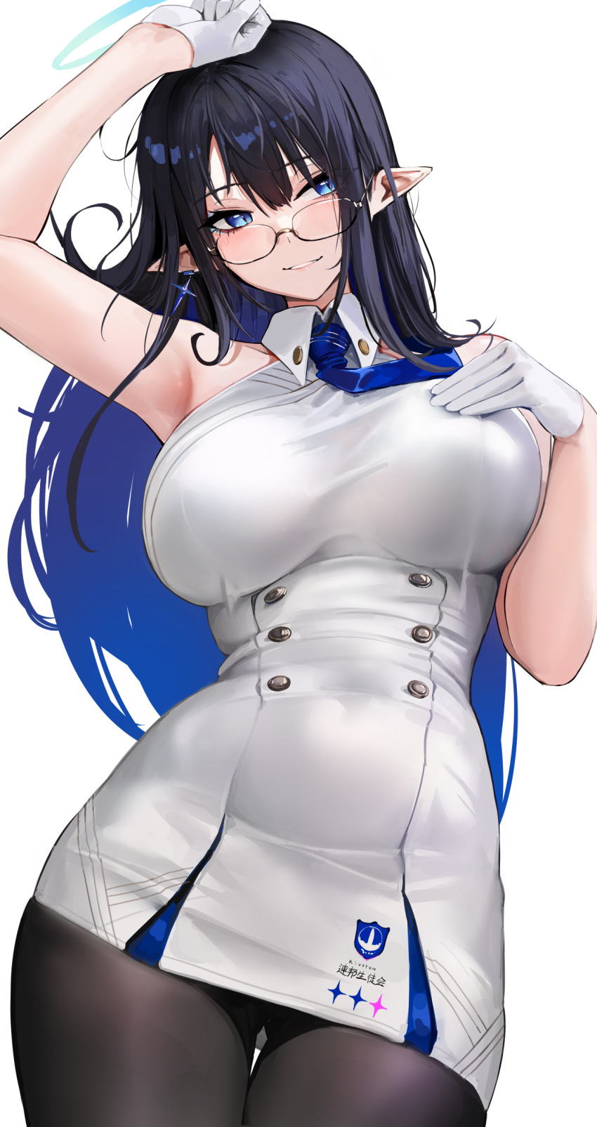 1girl arm_up armpits black_hair black_pantyhose blue_archive blue_eyes blue_necktie breasts chela77 colored_inner_hair dress glasses gloves halo highres large_breasts long_hair multicolored_hair necktie pantyhose parted_lips pointy_ears rin_(blue_archive) short_dress simple_background solo two-tone_hair very_long_hair white_background white_dress white_gloves