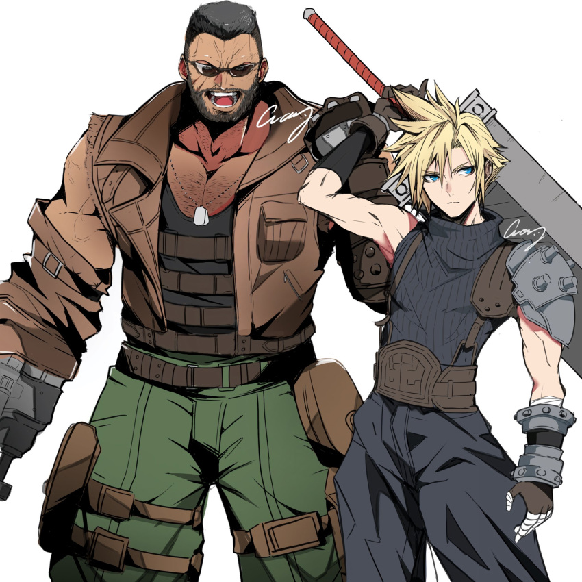 2boys arm_cannon arm_up armor baggy_pants barret_wallace belt black_hair black_tank_top blonde_hair blue_eyes blue_pants blue_sweater brown_gloves brown_vest buster_sword chest_hair clenched_hand closed_mouth cloud_strife collarbone cowboy_shot crazy02oekaki dark-skinned_male dark_skin dog_tags facial_hair final_fantasy final_fantasy_vii final_fantasy_vii_remake fingerless_gloves gloves green_pants hair_between_eyes hand_up highres holding holding_sword holding_weapon huge_weapon male_focus multiple_boys muscular muscular_male open_mouth pants ribbed_sweater scar scar_on_cheek scar_on_face short_hair shoulder_armor signature single_bare_shoulder sleeveless sleeveless_turtleneck spiked_hair sunglasses suspenders sweater sword tank_top thigh_strap turtleneck turtleneck_sweater vest weapon white_background