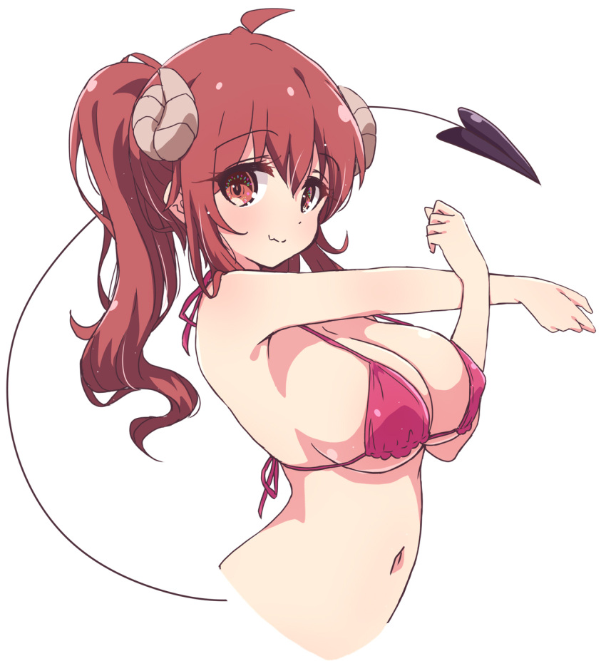 1girl bare_shoulders bikini breasts brown_eyes brown_hair closed_mouth cropped_torso curled_horns demon_horns demon_tail fang hair_between_eyes highres horns large_breasts long_hair looking_at_viewer machikado_mazoku mel_(melty_pot) navel pink_bikini skin_fang solo strap_gap stretching string_bikini swimsuit tail underboob upper_body yoshida_yuuko_(machikado_mazoku)