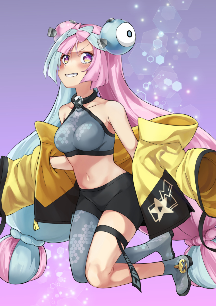 1girl absurdres breasts character_hair_ornament collarbone commentary_request gradient_background grey_footwear hair_ornament hexagon_print highres iono_(pokemon) jacket long_hair looking_at_viewer midriff multicolored_hair navel open_clothes open_jacket pink_background pink_eyes pink_hair pokemon pokemon_(game) pokemon_sv sharp_teeth smile teeth thigh_strap two-tone_hair v-shaped_eyebrows very_long_hair yuuki_(nijiiro_palette)