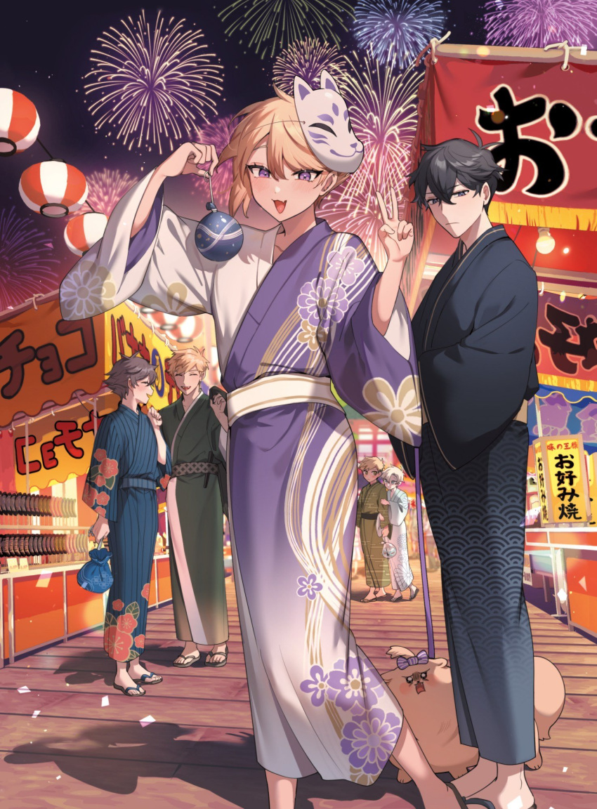6+boys aerial_fireworks arm_up asymmetrical_hair bishounen black_hair black_kimono blonde_hair blue_kimono blush brown_hair chinese_commentary closed_eyes commentary_request dog fang festival fireworks floral_print food_stand green_kimono grey_kimono hair_between_eyes hand_up highres holding holding_another's_arm holding_leash japanese_clothes kimono lantern leash light_brown_hair long_sleeves looking_at_another looking_at_viewer male_focus ming_(5unri5e666) momo_(ming) multicolored_clothes multicolored_kimono multiple_boys night night_sky obi open_mouth original otoko_no_ko outdoors paper_lantern plum_blossom_print print_kimono purple_kimono sandals sash seigaiha shadow skin_fang sky standing standing_on_one_leg star_(sky) toes translation_request v wide_sleeves wooden_floor yaoi