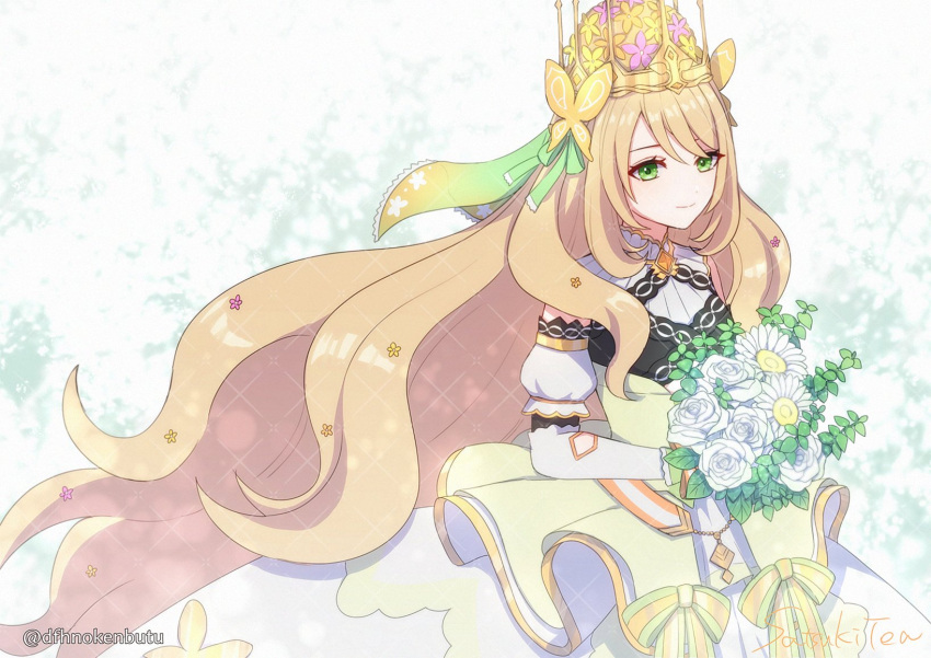 1girl blonde_hair butterfly_hair_ornament celine_(fire_emblem) closed_mouth crown dfhnokenbutu dress fire_emblem fire_emblem_engage flower green_eyes hair_ornament highres holding holding_flower long_dress long_hair ribbon solo very_long_hair