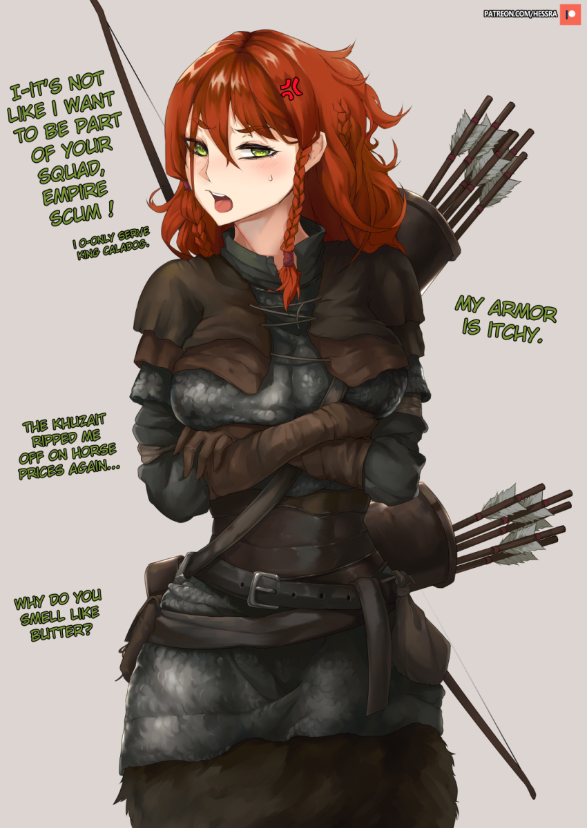 1girl armor arrow_(projectile) belt belt_pouch black_belt blush bow_(weapon) braid breast_rest breasts brown_gloves buckle chainmail commentary cowboy_shot crossed_arms english_commentary english_text fur_(clothing) gloves green_eyes grey_background hair_between_eyes highres large_breasts long_bangs long_hair looking_at_viewer medieval mount_&amp;_blade multiple_braids open_mouth orange_hair patreon_logo patreon_username pouch quiver simple_background solo sweatdrop teeth tsundere upper_teeth_only velminth weapon