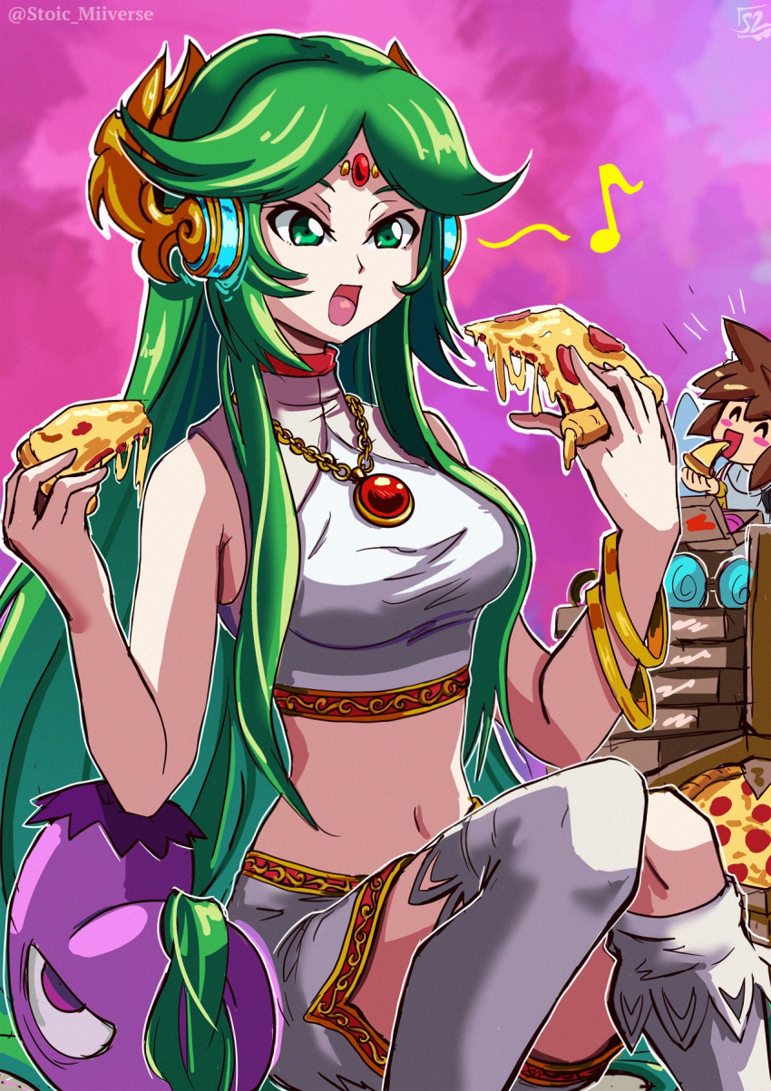 1boy 1girl alternate_costume breasts brown_hair eggplant food forehead_jewel green_eyes green_hair headphones highres holding holding_food holding_pizza kid_icarus kid_icarus_uprising long_hair midriff musical_note navel open_mouth palutena pit_(kid_icarus) pizza pizza_box pizza_slice purple_background sitting smile stoic_seraphim very_long_hair