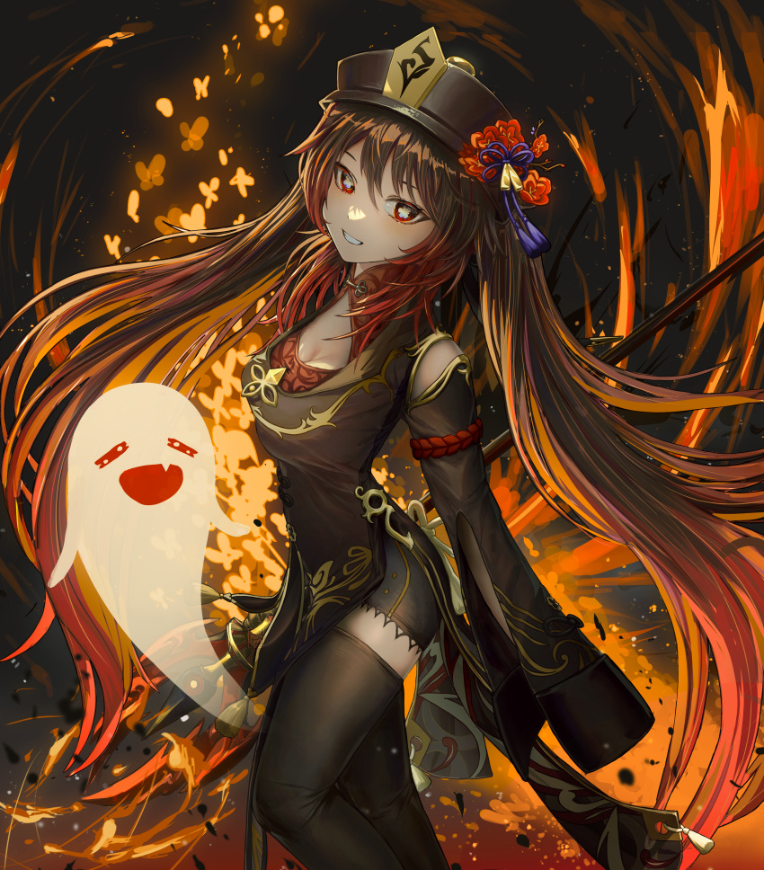 1girl absurdres adapted_costume alternate_breast_size artist_logo black_shorts black_thighhighs boo_tao_(genshin_impact) breasts brown_hair bug butterfly china_dress chinese_clothes coattails colored_tips cowboy_shot dress embers fiery_background fire floating_hair flower flower-shaped_pupils from_side genshin_impact ghost gold_trim gradient_hair grin hat hat_flower hat_ornament highres holding holding_polearm holding_weapon hu_tao_(genshin_impact) long_hair looking_at_viewer looking_to_the_side medium_breasts multicolored_hair pelvic_curtain plum_blossoms polearm porkpie_hat red_eyes red_hair saintgothsin shorts sleeves_past_wrists smile solo staff_of_homa_(genshin_impact) symbol-shaped_pupils tassel teeth thighhighs twintails very_long_hair weapon wide_sleeves