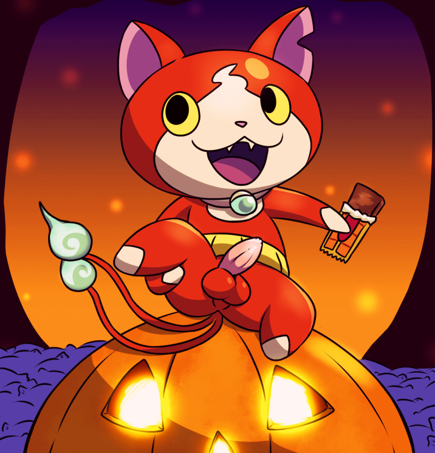 anthro asian_mythology balls candy chibi chocolate chocolate_bar dessert east_asian_mythology felid feline food genitals halloween holidays jack-o'-lantern japanese_mythology jibanyan male mammal mincheeto mythology penis presenting raised_leg solo yo-kai_watch yokai