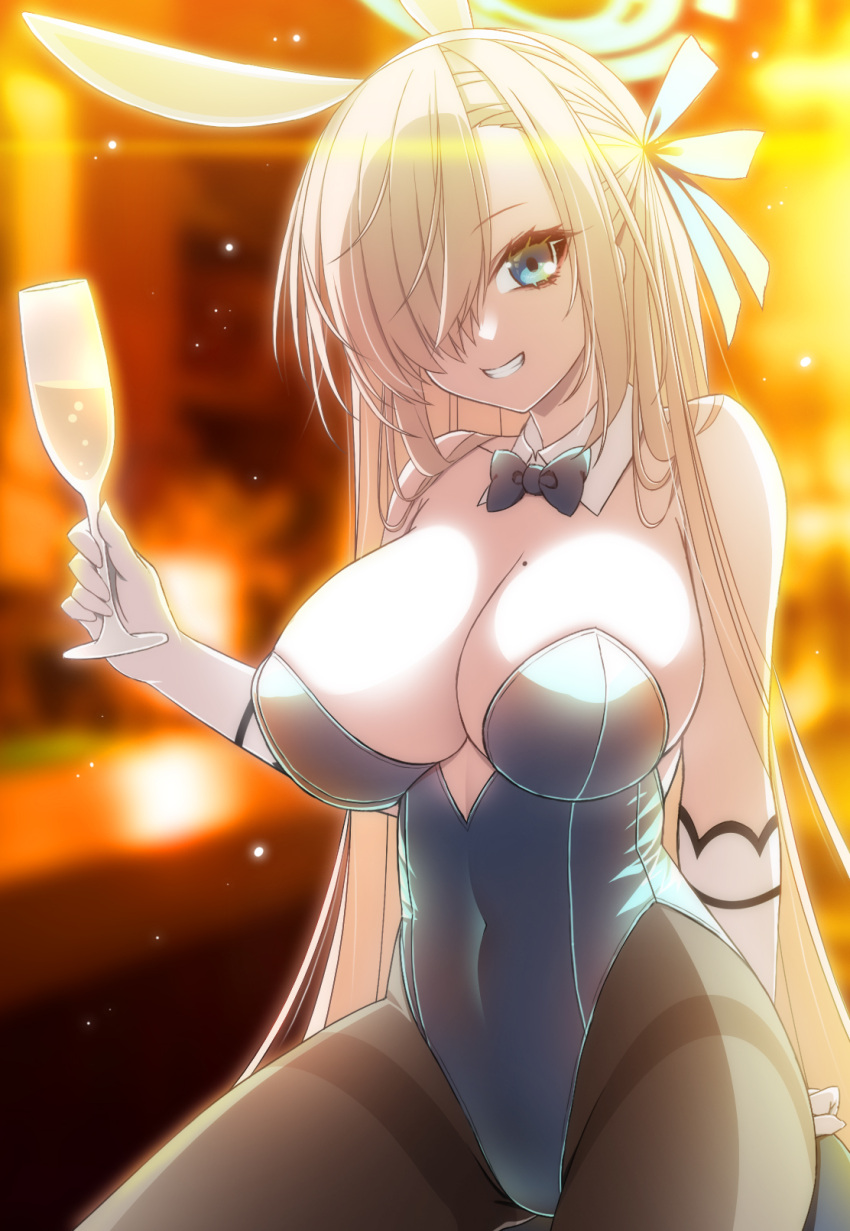 1girl :d arm_support asuna_(blue_archive) asuna_(bunny)_(blue_archive) backlighting bare_shoulders black_pantyhose blue_archive blue_eyes blue_leotard blurry bow breasts cleavage cocktail cocktail_glass collarbone commentary_request cup depth_of_field drinking_glass elbow_gloves gloves grin groin hair_bow hair_over_one_eye hair_ribbon halo highres holding holding_cup large_breasts leaning_back leotard light_brown_hair long_hair looking_at_viewer mole mole_on_breast official_alternate_costume pantyhose playboy_bunny ribbon sidelocks sleeveless smile solo strapless strapless_leotard suzuri_(tennenseki) white_gloves