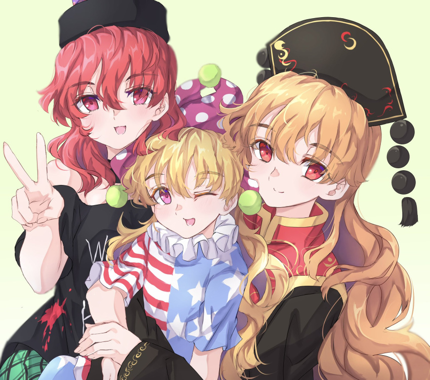 3girls american_flag_dress american_flag_legwear black_shirt blonde_hair chinese_clothes clownpiece commentary crescent_print hands_on_another's_arms hat hecatia_lapislazuli highres hug jester_cap junko_(touhou) leggings long_hair multiple_girls neck_ruff neold off-shoulder_shirt off_shoulder one_eye_closed open_mouth orange_hair phoenix_crown pink_eyes plaid plaid_skirt polka_dot_headwear polos_crown red_eyes red_hair shirt skirt smile t-shirt tabard touhou v very_long_hair