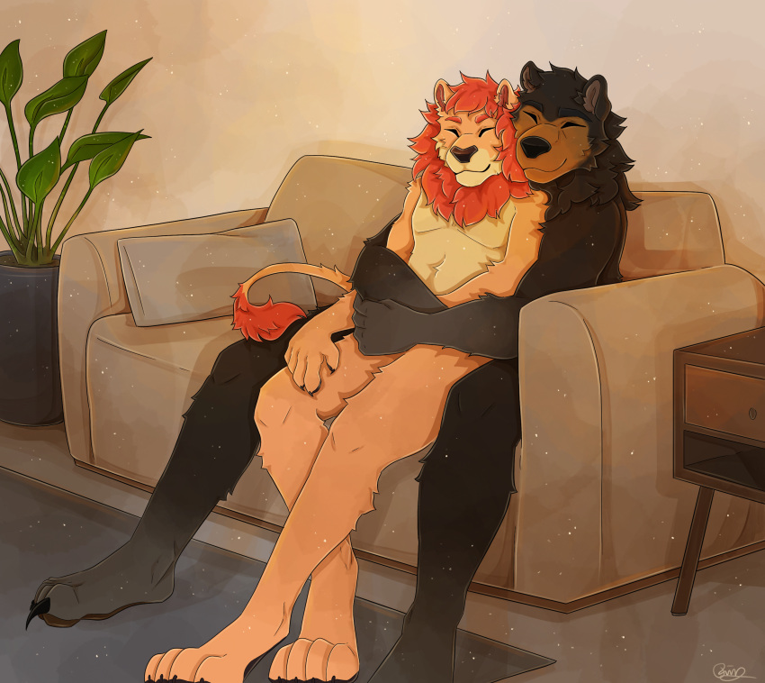 absurd_res american_black_bear anthro bear black_bear black_body black_fur cuddling cuddly dakota_(damascus) drawer duo embrace end_table eyes_closed felid fur furniture happy hi_res holding_partner hug jake_connor_(thepikfan) lion male male/male mammal mane nonbinary_(lore) nuzzling on_lap on_sofa pantherine pillow pindeli plant red_mane rug sitting sitting_on_another sitting_on_lap sitting_on_sofa smile sofa table ursine wholesome