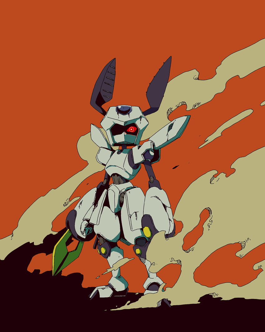 antennae arm_blade arms_at_sides claw_(weapon) commentary_request highres humanoid_robot looking_at_viewer mecha medarot no_humans orange_background red_eyes robe robot rokusho_(medarot) simple_background smoke solo standing ten_(prop03) weapon