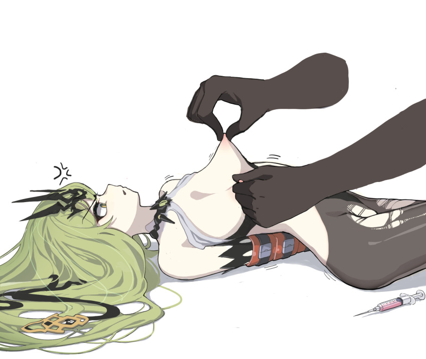 1girl 1other anger_vein bare_shoulders bdsm black_gloves black_pantyhose bondage bound breasts disembodied_limb dress elbow_gloves gloves goseumgoseumdochi green_eyes green_hair highres honkai_(series) honkai_impact_3rd long_hair lying mobius_(honkai_impact) nipples on_back open_mouth pantyhose restrained simple_background small_breasts solo_focus syringe torn_clothes torn_pantyhose v-shaped_eyebrows very_long_hair white_background white_dress
