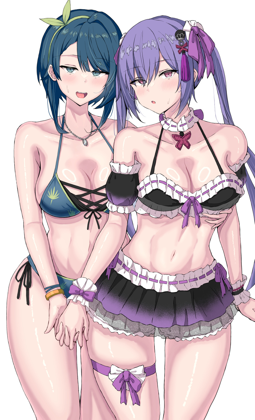 2girls :o absurdres aizawa_kazuha arms_at_sides assault_lily asymmetrical_hair bare_arms bare_shoulders bikini bikini_skirt black_bikini blue_bikini blue_eyes blue_hair blush bow bracelet breasts chin_gero cleavage collar collarbone commentary_request cowboy_shot cross-laced_bikini cross-laced_clothes detached_sleeves floral_print frilled_bikini frilled_sleeves frills front-tie_bikini_top front-tie_top glint green_bow green_hairband hair_bow hair_ornament hair_ribbon hairband halterneck hand_on_another's_chest highres holding_hands interlocked_fingers jewelry long_hair looking_at_viewer matsumura_fuuka medium_breasts medium_hair multiple_girls navel necklace official_alternate_costume open_mouth parted_lips pendant pink_eyes print_bikini purple_bow purple_hair purple_ribbon ribbon ribbon-trimmed_bikini ribbon-trimmed_collar ribbon_trim see-through short_sleeves side-by-side side-tie_bikini_bottom simple_background stomach sweatdrop swimsuit tassel tassel_hair_ornament teeth thigh_strap twintails upper_teeth_only white_background white_collar wrist_bow wrist_cuffs yuri