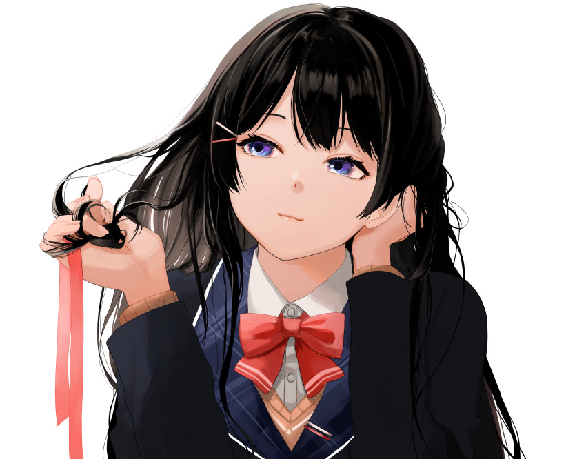 1girl black_hair black_jacket blazer blue_eyes bow bowtie brown_sweater collared_shirt dress_shirt hair_down half-closed_eyes hand_on_own_head hands_up head_rest head_tilt highres holding holding_ribbon jacket light_smile lips long_hair looking_to_the_side messy_hair multicolored_eyes nijisanji playing_with_own_hair purple_eyes red_bow red_bowtie red_ribbon ribbon school_uniform shirt simple_background solo straight-on sweater tsukino_mito tsukino_mito_(1st_costume) umeume332 upper_body virtual_youtuber white_background white_shirt