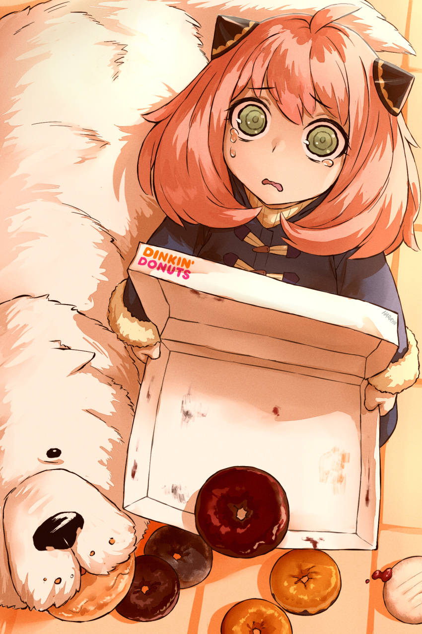 1girl anya_(spy_x_family) blue_coat bond_(spy_x_family) brand_name_imitation coat crying crying_with_eyes_open dog doughnut eating food gloves green_eyes hairpods haraya_manawari highres pastry_box pink_hair spy_x_family tears white_gloves