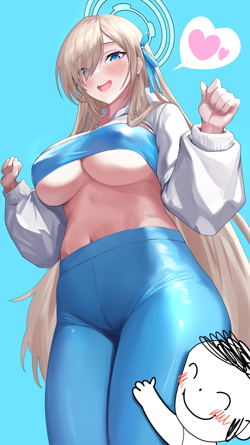 1boy 1girl :d absurdres arona's_sensei_doodle_(blue_archive) asuna_(blue_archive) blonde_hair blue_archive blue_background blue_eyes blush bow breasts cleavage covered_nipples cowboy_shot crop_top groin hair_between_eyes hair_over_one_eye halo heart highres large_breasts light_brown_hair long_hair long_sleeves looking_at_viewer midriff pants sensei_(blue_archive) shio05_(05_sio) shirt simple_background smile solo spoken_heart standing stomach thighs underboob
