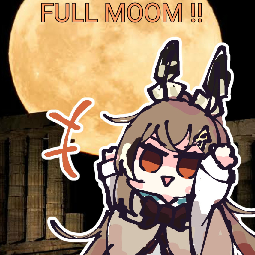 +++ 1girl arms_up brown_capelet brown_eyes brown_hair capelet chibi column commentary crossed_bangs english_commentary english_text feather_hair_ornament feathers full_moon hair_ornament highres hololive hololive_english jitome koyoinacho long_hair long_sleeves looking_at_viewer moon multicolored_hair name_connection nanashi_mumei nanashi_mumei_(1st_costume) night open_mouth outdoors outline photo_background pillar pun sidelocks smile solo streaked_hair triangle_mouth upper_body v-shaped_eyebrows virtual_youtuber white_outline