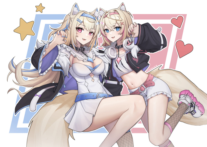 2girls absurdres akaharuu animal_ear_fluff animal_ears belt belt_collar black_collar black_jacket blonde_hair blue_belt blue_eyes blue_hair blue_nails breasts cleavage_cutout clothing_cutout collar cropped_jacket cropped_shirt dog_ears dog_girl dog_tail dress fang fishnet_socks fishnets flat_chest frilled_shorts frills fur-trimmed_jacket fur_trim fuwawa_abyssgard hair_ornament hairpin headphones headphones_around_neck heart highres hololive hololive_english jacket large_breasts long_hair medium_hair midriff mococo_abyssgard multicolored_hair multiple_girls navel open_mouth pink_belt pink_eyes pink_hair pink_nails shirt shoes short_shorts shorts siblings single_fishnet_legwear sisters skin_fang smile sneakers socks spiked_collar spikes star_(symbol) streaked_hair tail twins virtual_youtuber white_dress white_footwear white_shirt white_shorts x_hair_ornament