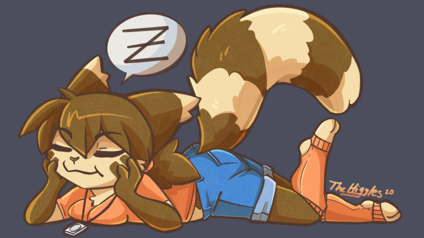 anthro bottomwear breasts brown_body brown_fur brown_hair cleavage clothed clothing digital_media_(artwork) eyes_closed female fluffy fluffy_tail fur furret generation_2_pokemon hair leg_warmers legwear lying mammal morgan_(thehiggles) nintendo on_front pokemon pokemon_(species) shorts simple_background sleeping smile solo speech_bubble tail thehiggles