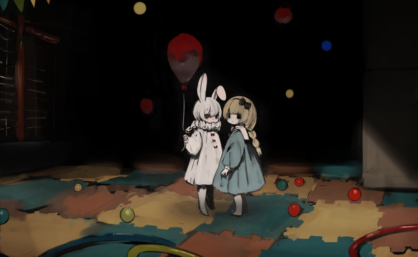 2girls alice_(alice_in_wonderland) alice_in_wonderland animal_ears balloon barefoot black_background blonde_hair blue_dress braid dress empty_eyes full_body green_eyes highres holding holding_balloon horror_(theme) indoors liminal_space long_sleeves medium_hair multiple_girls muted_color original puffy_sleeves rabbit_ears sailor_collar shirokujira short_hair tagme white_dress white_rabbit_(alice_in_wonderland) white_sailor_collar yellow_eyes