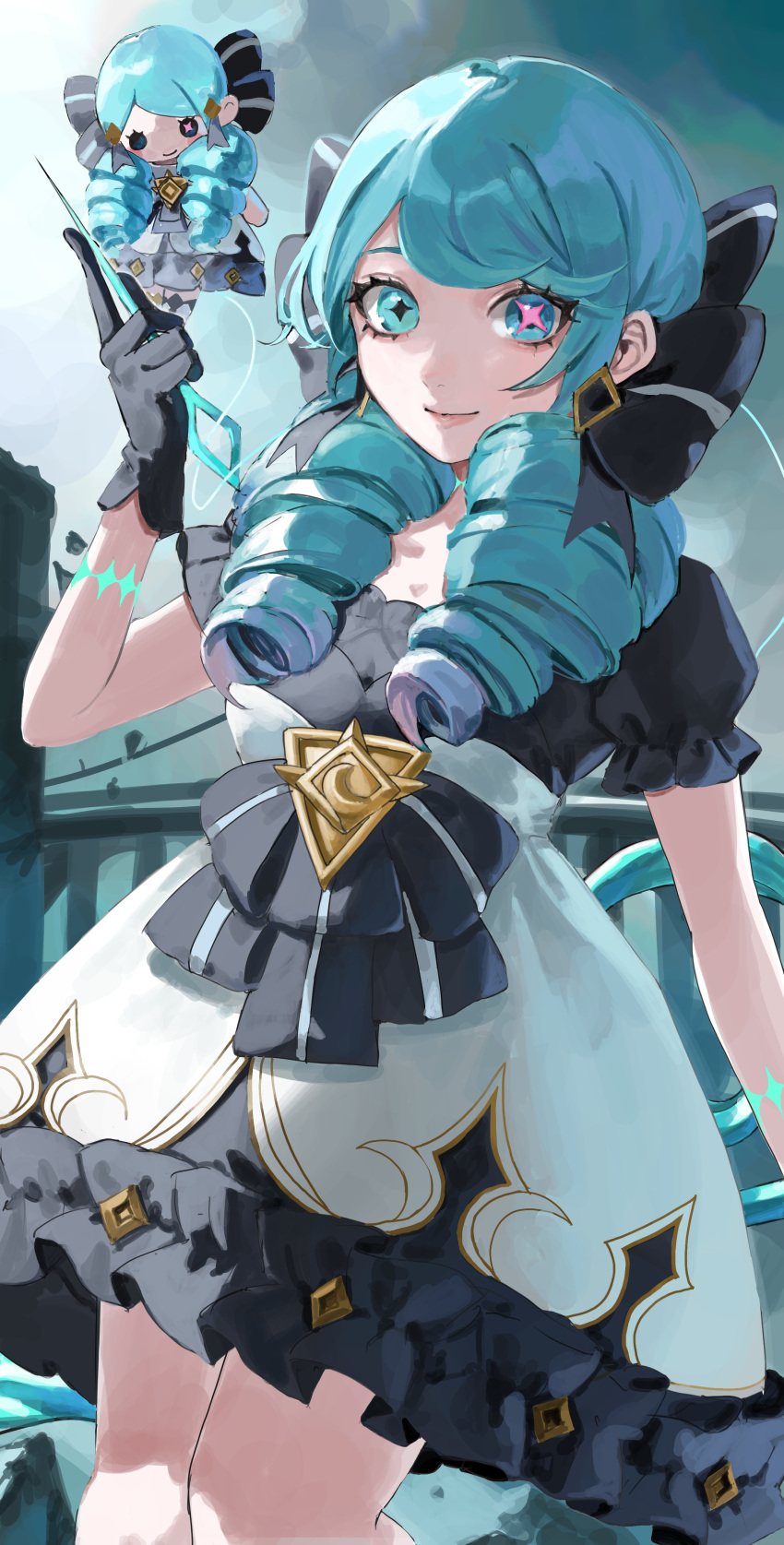 1girl absurdres black_bow black_gloves bow character_doll closed_mouth dress feet_out_of_frame frilled_dress frills gloves green_eyes green_hair grey_dress gwen_(league_of_legends) hair_bow highres holding_sewing_needle kani_samurai league_of_legends long_hair looking_at_viewer puffy_short_sleeves puffy_sleeves short_sleeves smile solo twintails