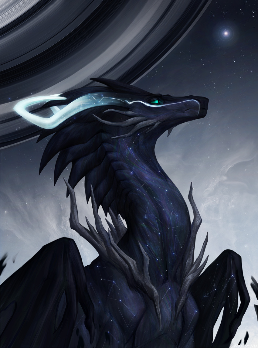 2022 ambiguous_gender claws detailed_background digital_media_(artwork) dragon feral hi_res horn membrane_(anatomy) membranous_wings morsylvia night outside scales scalie sitting sky solo spines star starry_sky western_dragon wings