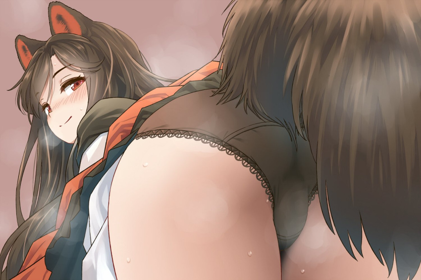 1girl animal_ears ass black_panties blush brown_background brown_hair closed_mouth cowboy_shot dress from_behind imaizumi_kagerou long_hair looking_at_viewer looking_back panties red_eyes simple_background smile solo tail touhou underwear white_dress wolf_ears wolf_tail yudepii