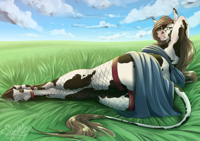 2019 anthro artist_name biped black_body black_tail blue_eyes blue_sky bovid bovine brown_hair brown_tail cattle clenched_teeth clothing cloud cloudy_sky dated day detailed_background eyewear female field fishnet fishnet_legwear fur glasses grass hair hand_behind_head holstein_friesian_cattle hooves legwear looking_at_viewer looking_back lying mammal on_side outside parted_lips plant sky solo sunny_way tail teeth white_body white_tail