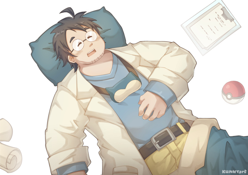 1boy bara belly blush facial_hair feet_out_of_frame from_above glasses grey_hair highres kunknee labcoat lying male_focus merchandise neroli_(pokemon) notepad on_back pants paper plump poke_ball pokemon_sleep round_eyewear short_hair sleep_mask sleeping snorlax solo stubble thick_eyebrows yellow_pants